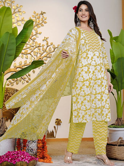 Dhiyona KL Women Floral Printed Regular Sequinned Pure Cotton Kurta with Trousers & With Dupatta