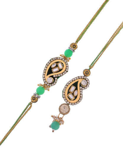 Dhiyona Green Kundan-Studded & Beaded Bhaiya Bhabhi Thread Rakhi
