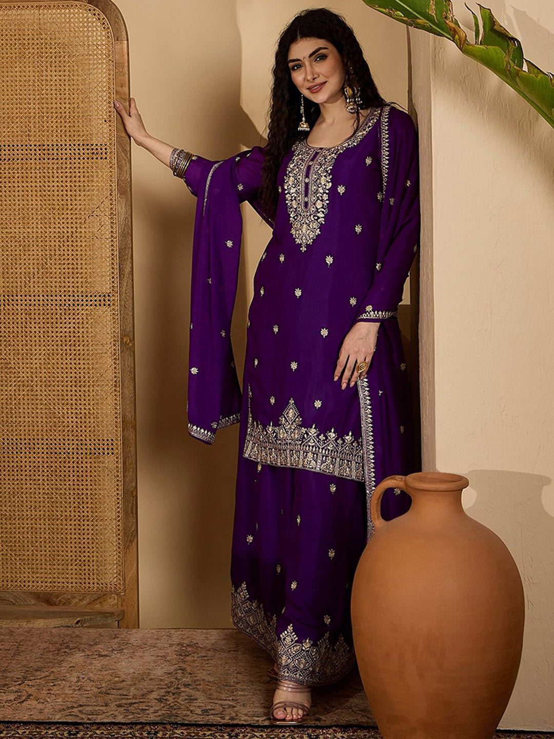 Dhiyona SN Ethnic Motifs Embroidered Gotta Patti Straight Kurta & Palazzos With Dupatta