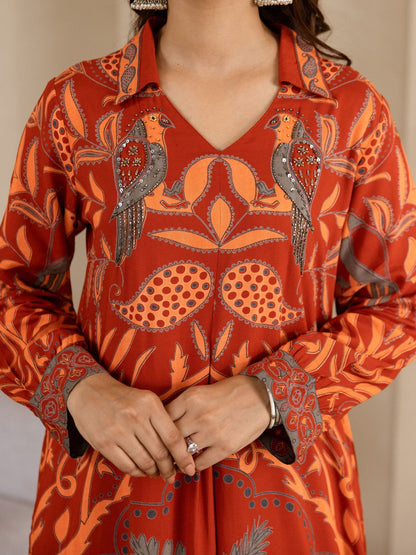 Ethnic Motifs Printed Beads and Stones Straight Kurta with Trouser