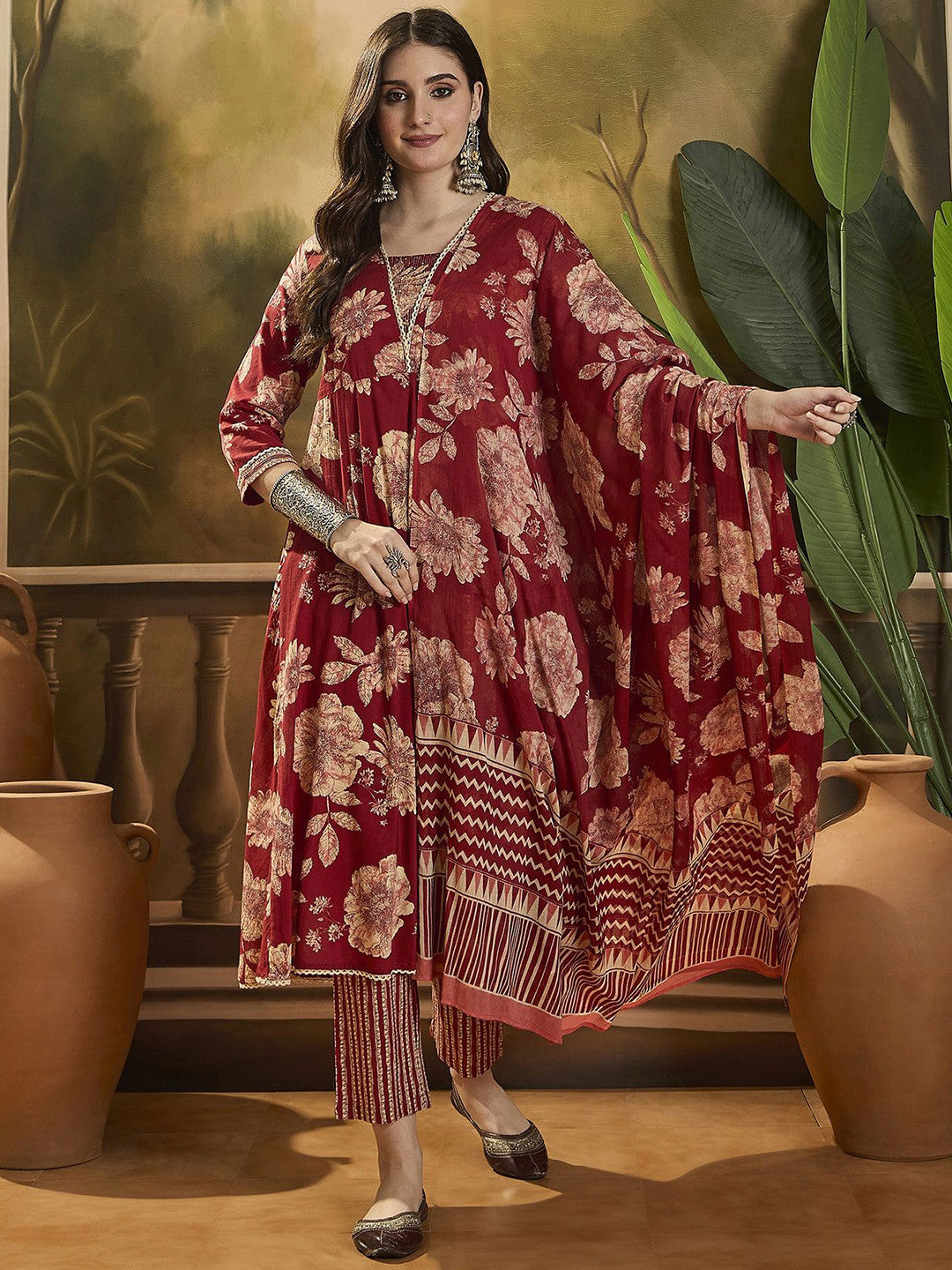 Dhiyona SN Floral Printed Pure Cotton Anarkali Kurta With Trouser & Dupatta
