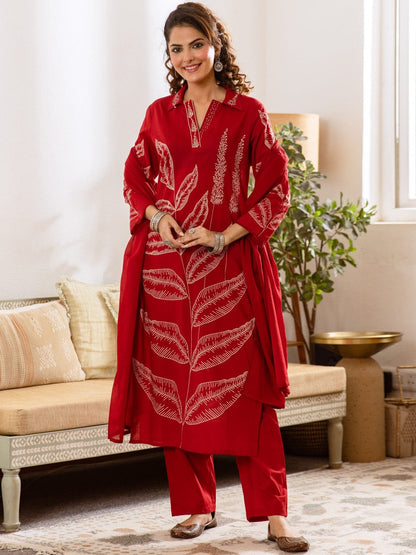 Printed Pure Cotton Shirt Collar Neck Kurta & Trousers With Dupatta