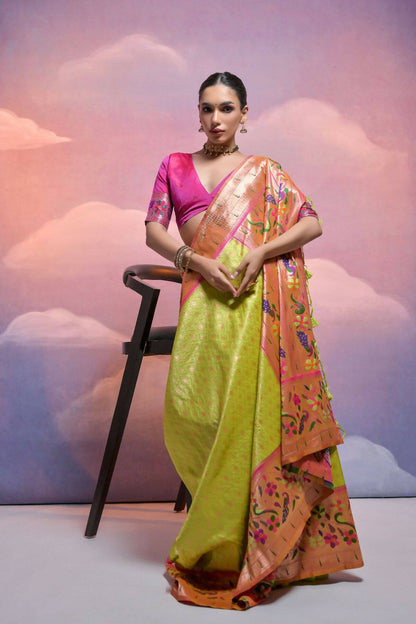 Women Paithani Vani Mahendi Saree With Unstiched Blouse