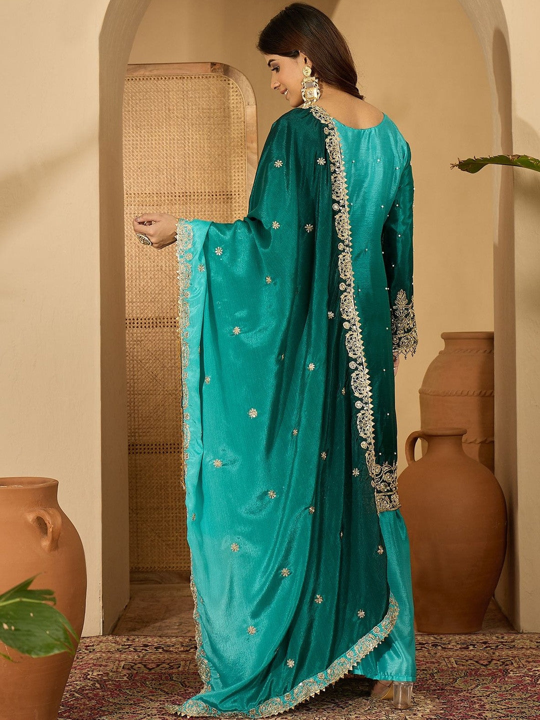 Floral Embroidered Beads And Stones Chinon Silk Kurta With Palazzos & Dupatta