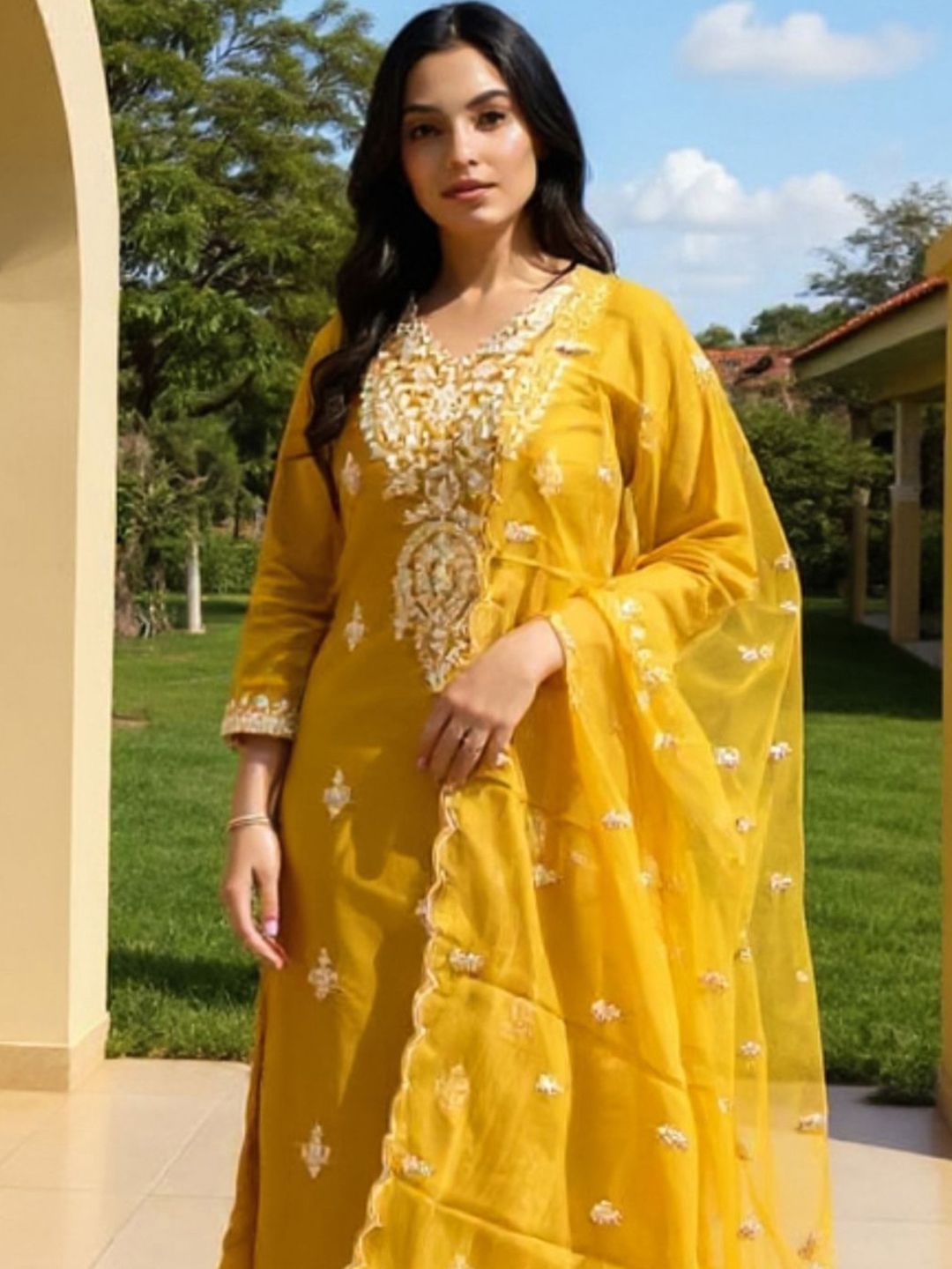 Dhiyona IE Women Ethnic Motifs Embroidered Regular Kurta with Trousers & Dupatta