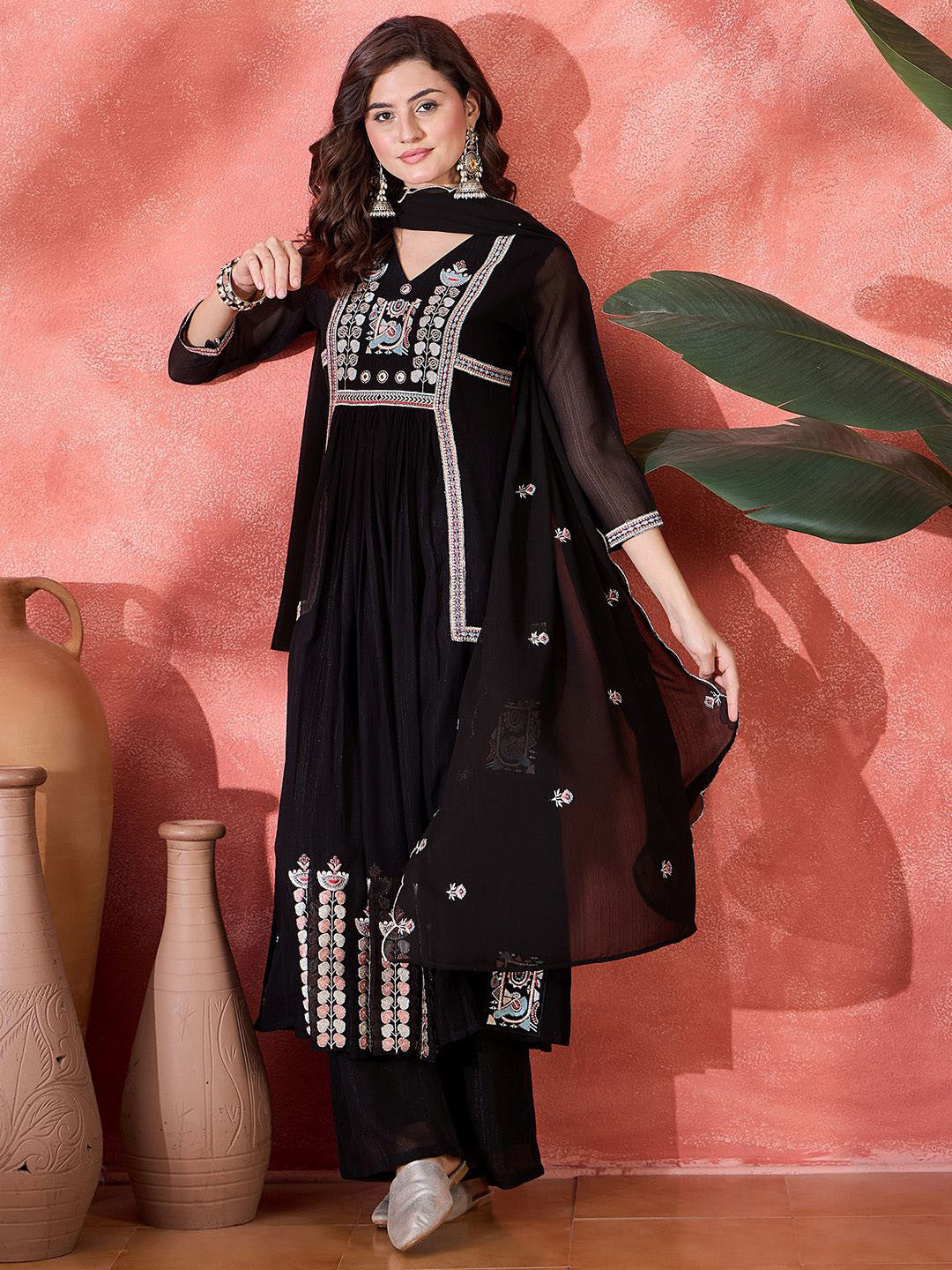Ethnic Motifs Embroidered V-Neck Straight Kurta With Trouser And Dupatta