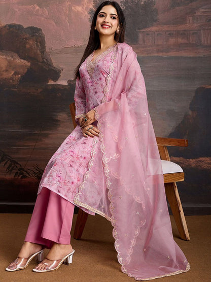 Dhiyona PD Women Floral Printed & Embroidered Organza Kurta & Trousers with Net Dupatta