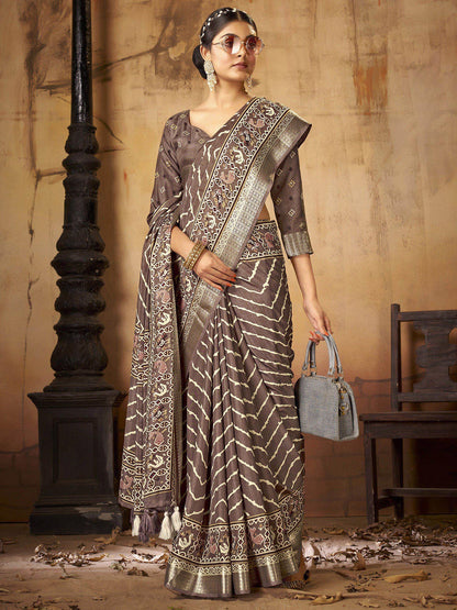 Women's Dola Silk Brown Printed Designer Saree With Blouse Piece