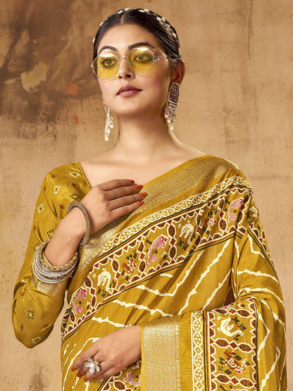 Women's Dola Silk Mustard Printed Designer Saree With Blouse Piece
