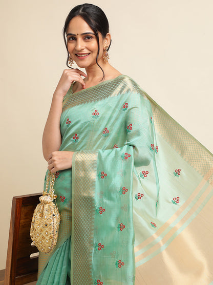 Dhiyona GR Women's Jasmin Turquoise Cotton Silk Saree