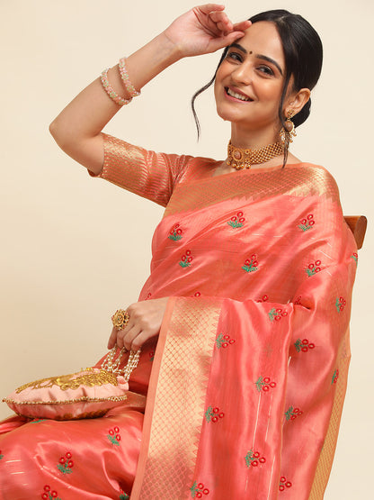 Dhiyona GR Women's Jasmin Red Cotton Silk Saree