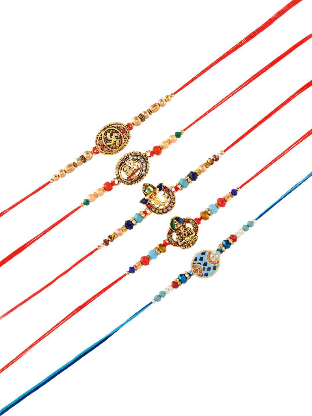Dhiyona Set Of 5 Divine Beaded Thread Rakhi With Roli Chawal & Greetings Card
