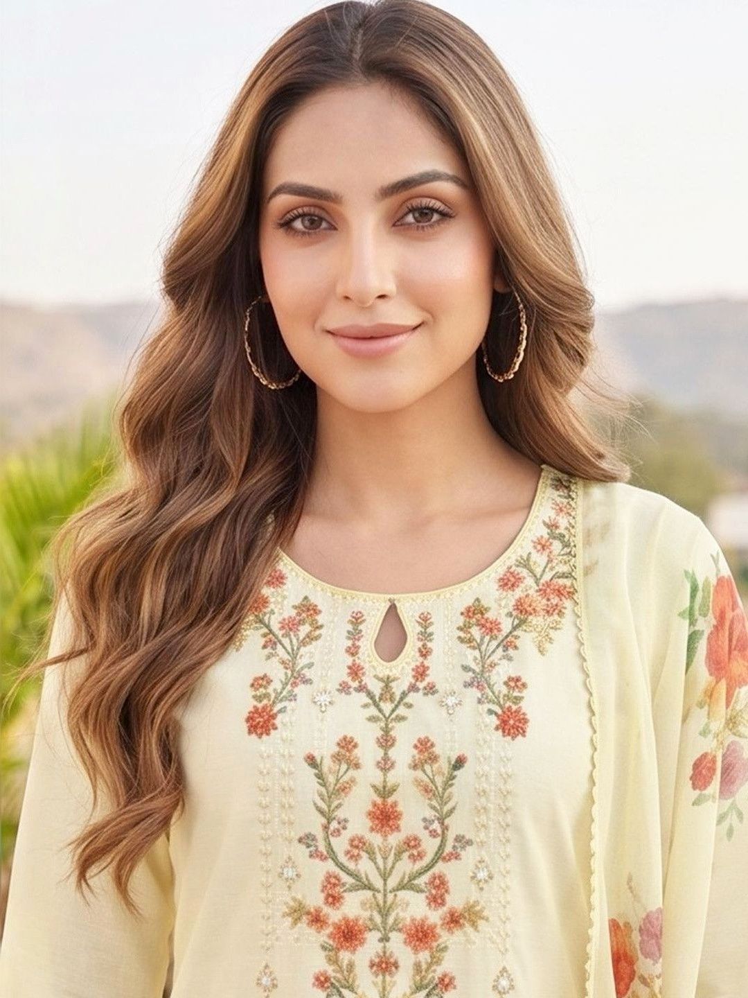 Cream Women Floral Embroidered Regular Thread Work Kurta with Patiala & With Dupatta