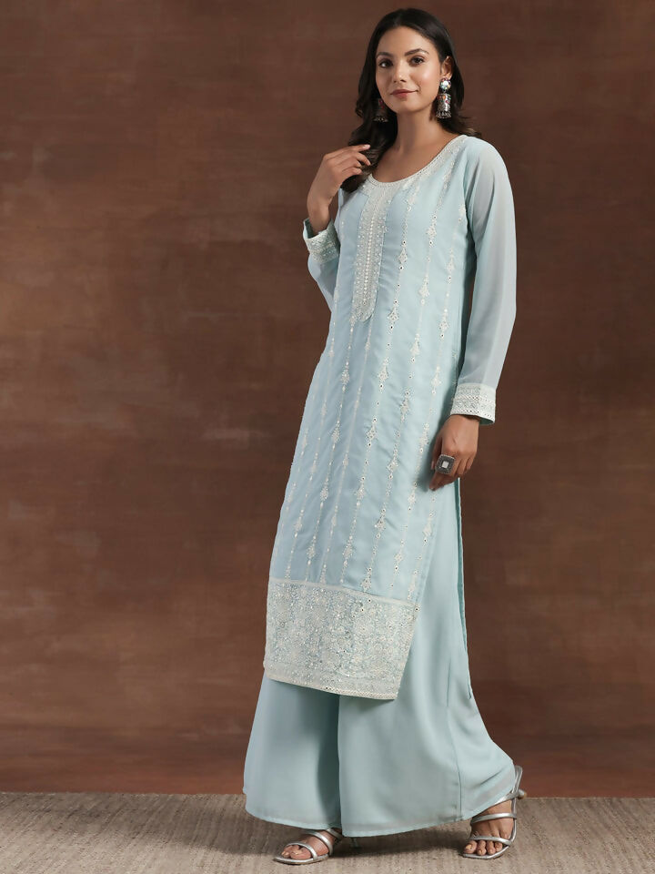 Women's LB Blue Embroidered Georgette Straight Suit With Dupatta