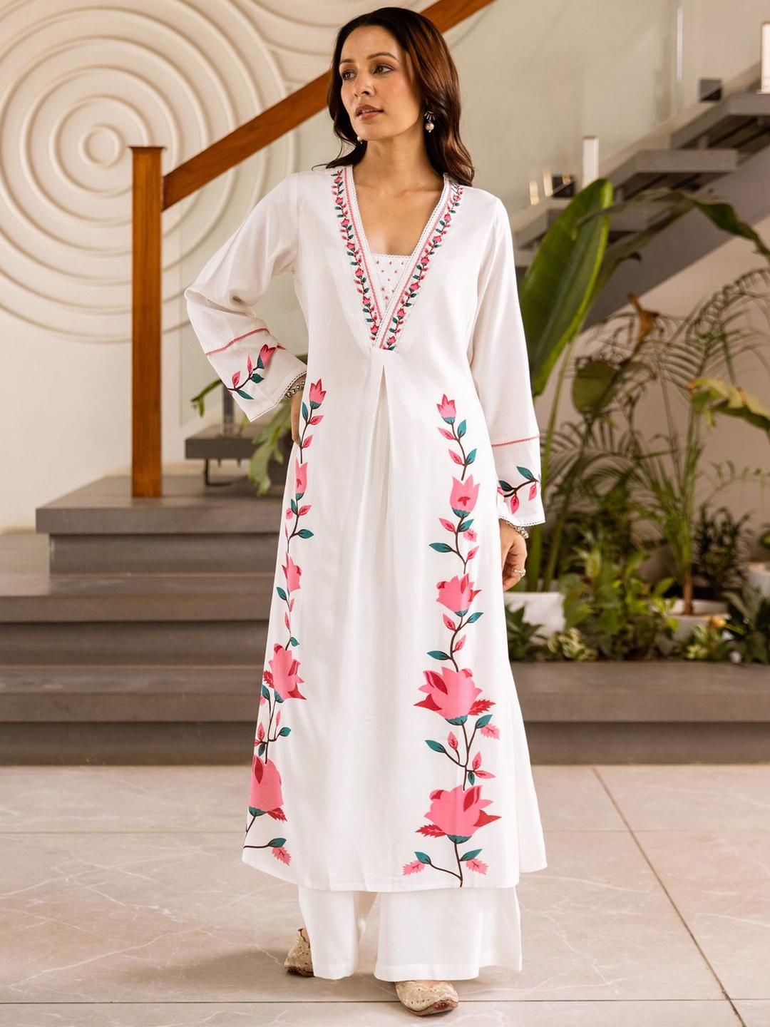 Dhiyona IE Floral Printed Straight Thread Work Kurta With Palazzos