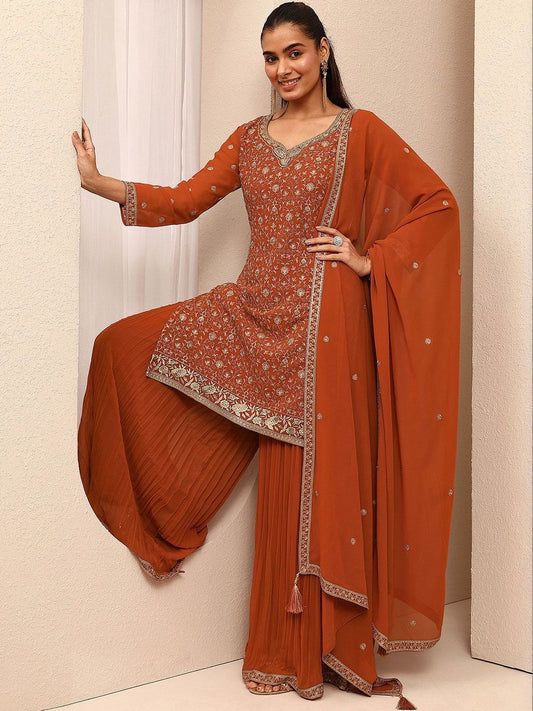 Dhiyona LL Women Ethnic Motifs Embroidered Regular Thread Work Kurta with Sharara & With Dupatta