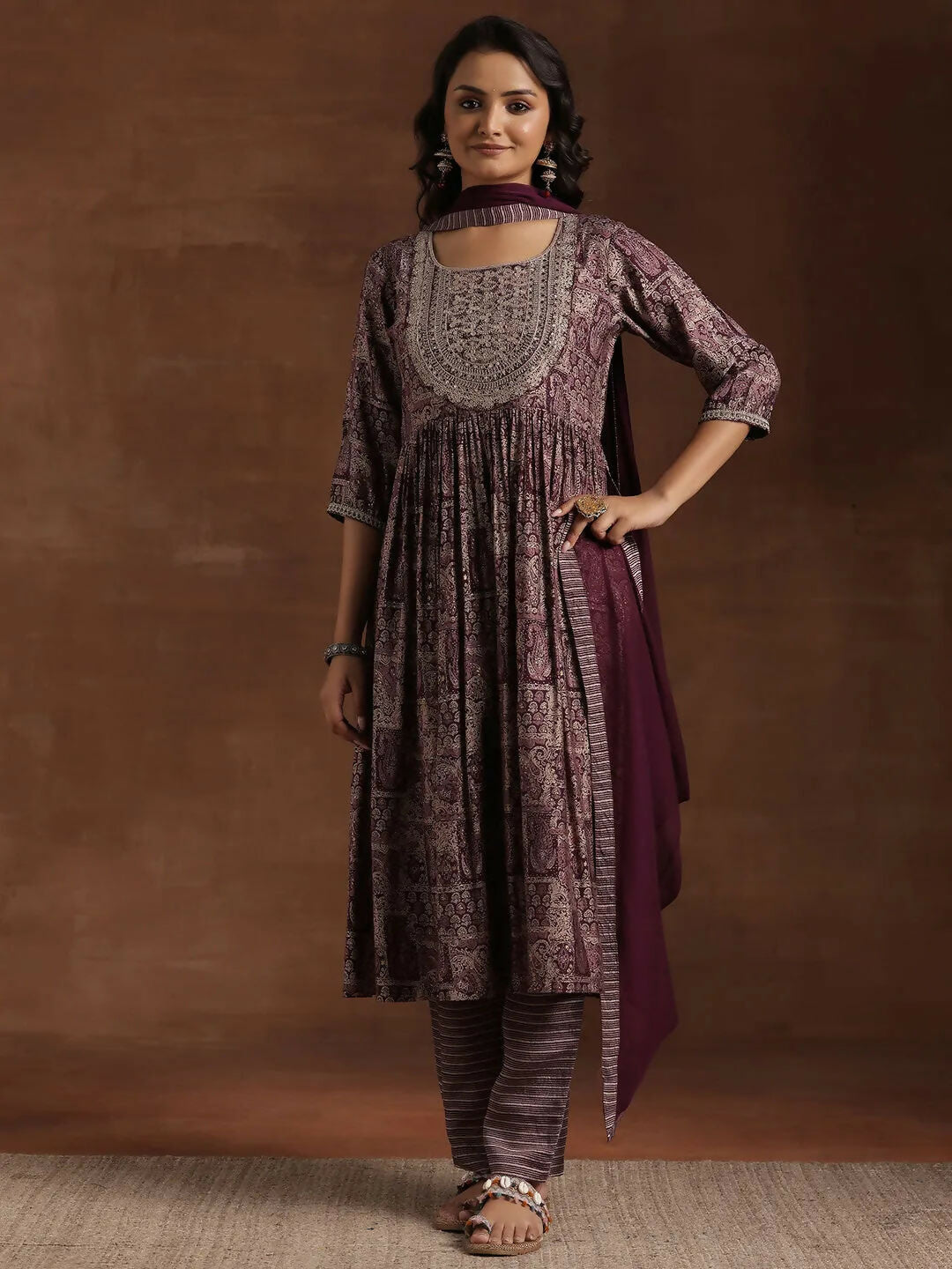 Women's LB Wine Printed Silk Blend A-Line Kurta With Trousers & Dupatta