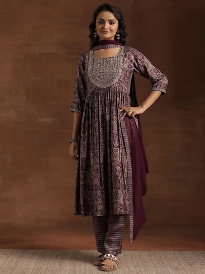 Women's LB Wine Printed Silk Blend A-Line Kurta With Trousers & Dupatta