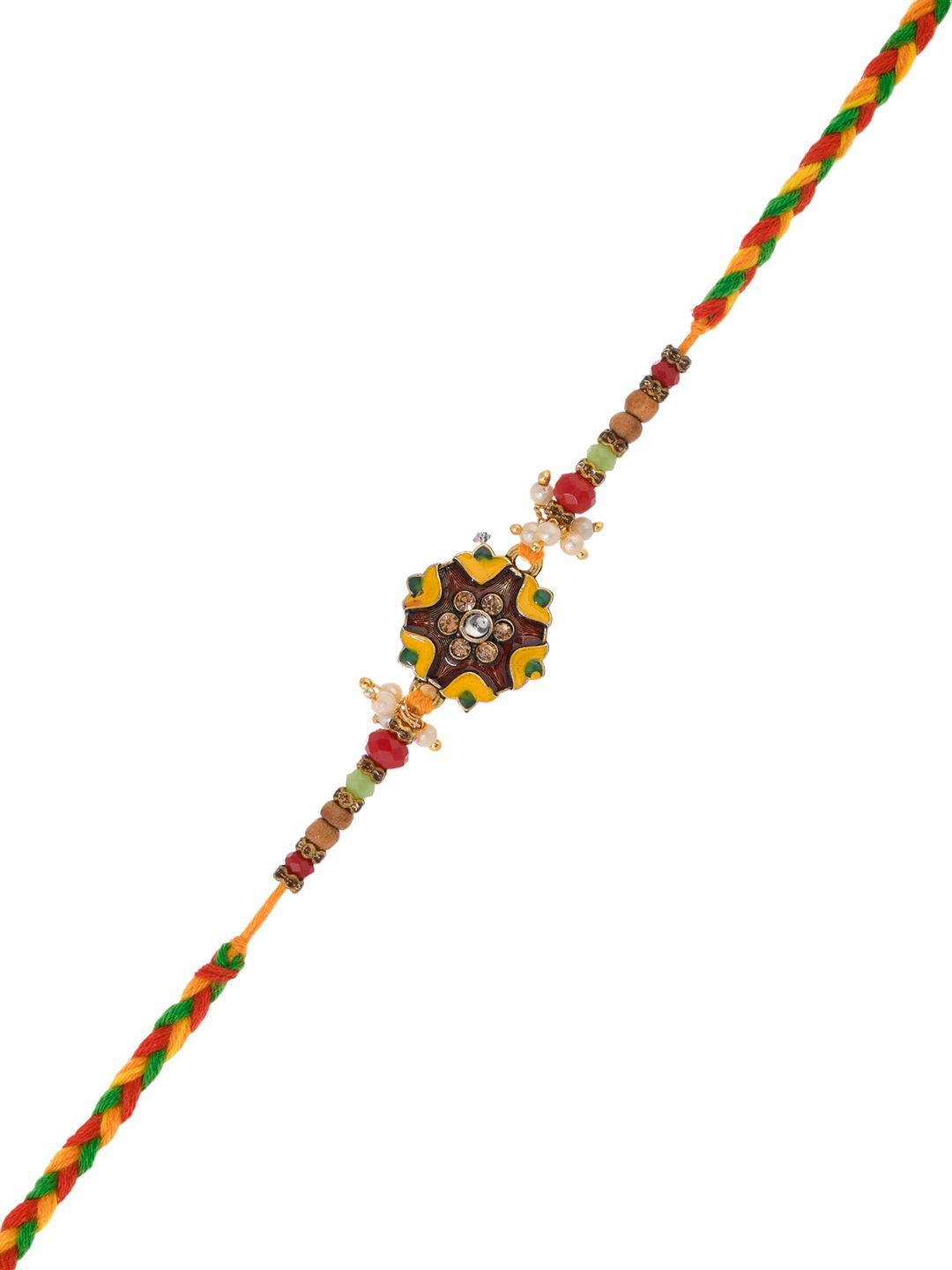 Dhiyona Green Stone Studded & Beaded Thread Rakhi With Roli Chawal With Greeting Card