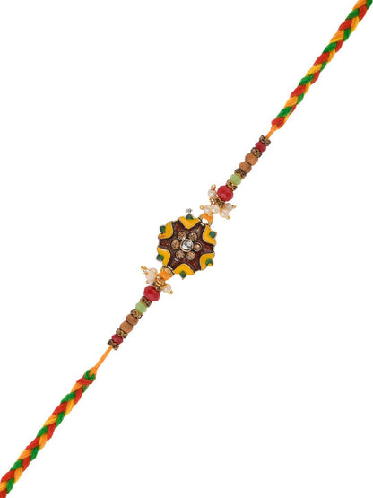 Dhiyona Green Stone Studded & Beaded Thread Rakhi With Roli Chawal With Greeting Card