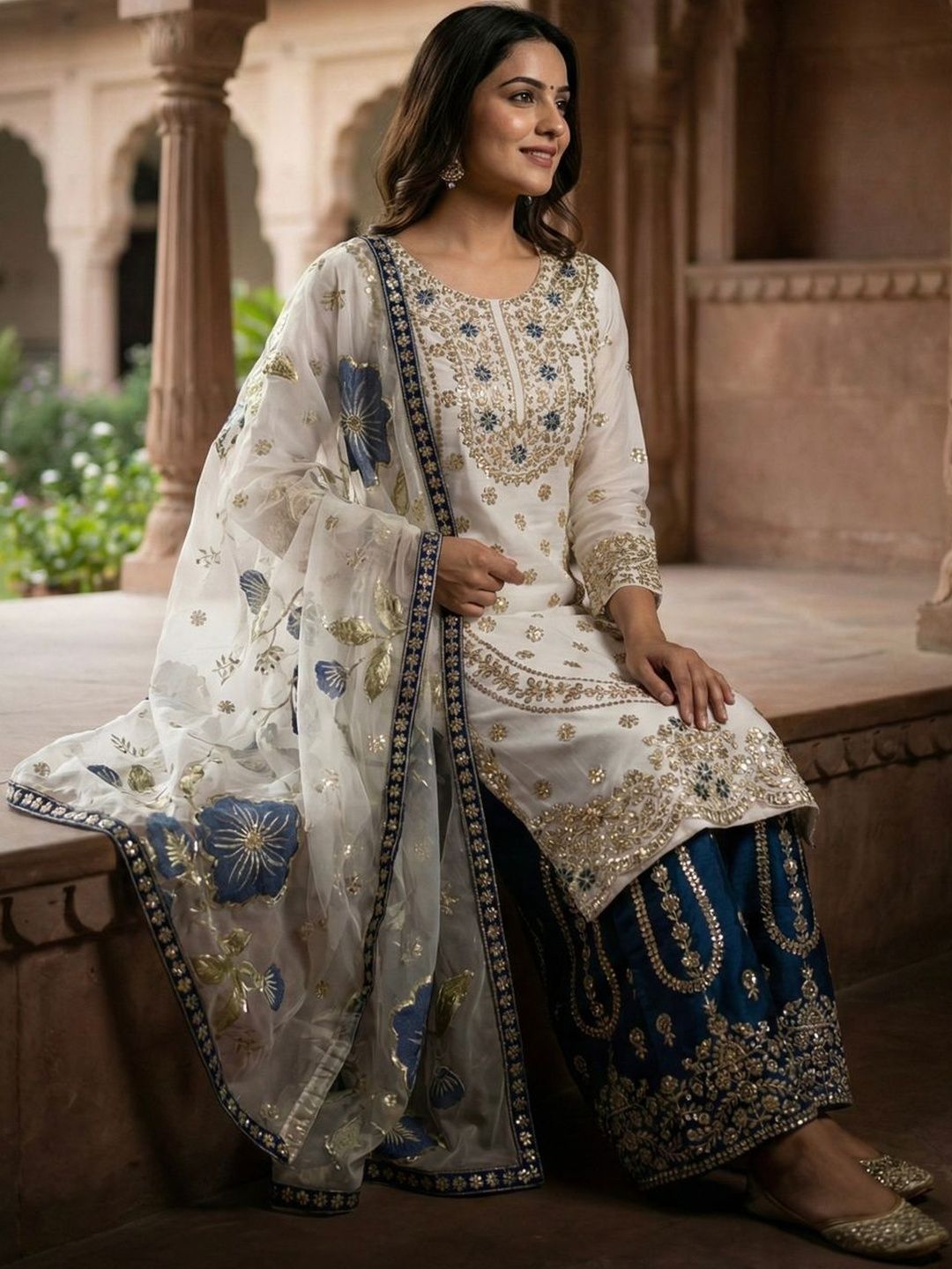 Dhiyona KL Women Ethnic Motifs Embroidered Regular Sequinned Kurta with Sharara & With Dupatta