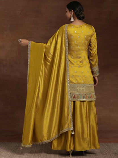 Women's LB Adaa Mustard Embroidered Silk Blend Straight Kurta With Palazzos & Dupatta