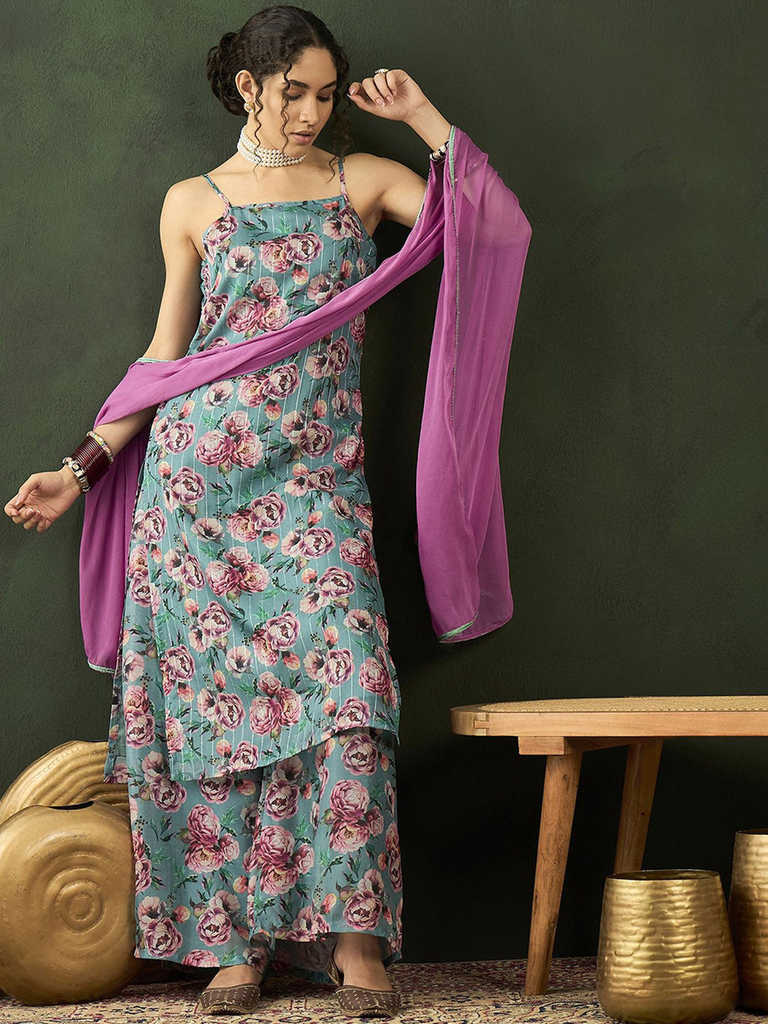 Dhiyona SN Floral Printed Straight Kurta Sets With Dupatta
