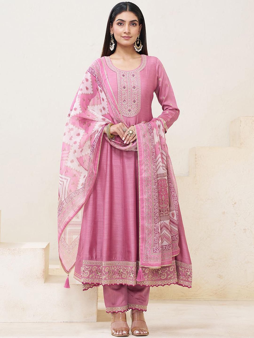 Dhiyona CH Embroidered U-Neck Anarkali Mirror Work Kurta With Trousers & Dupatta
