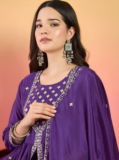 Dhiyona VA Floral Embroidered Thread Work Kurta With Palazzos & Dupatta