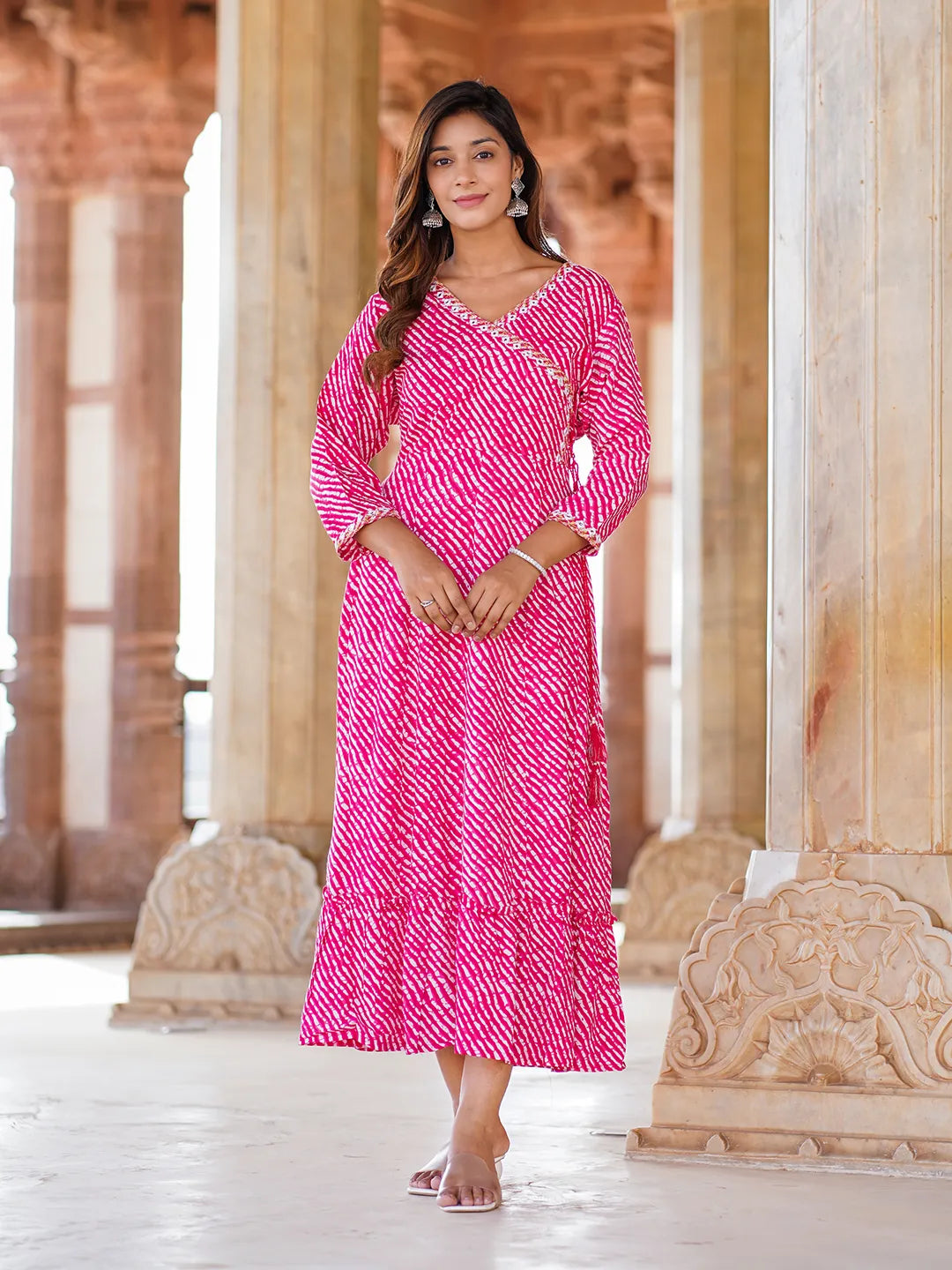 Women Pink striped Anarkali Dress