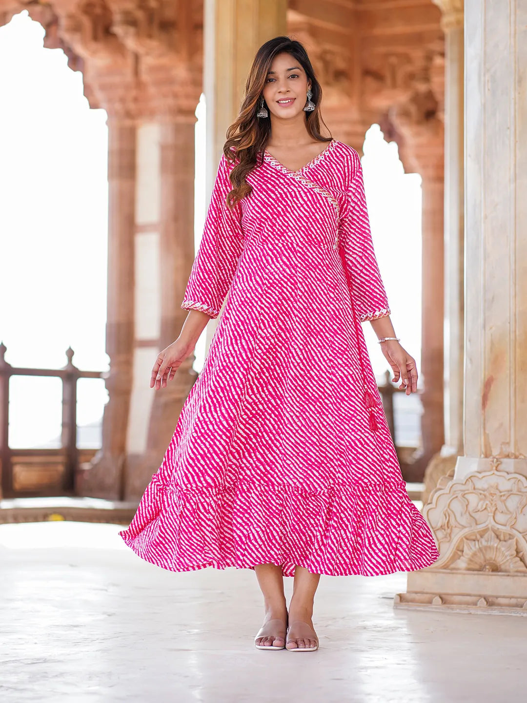 Women Pink striped Anarkali Dress