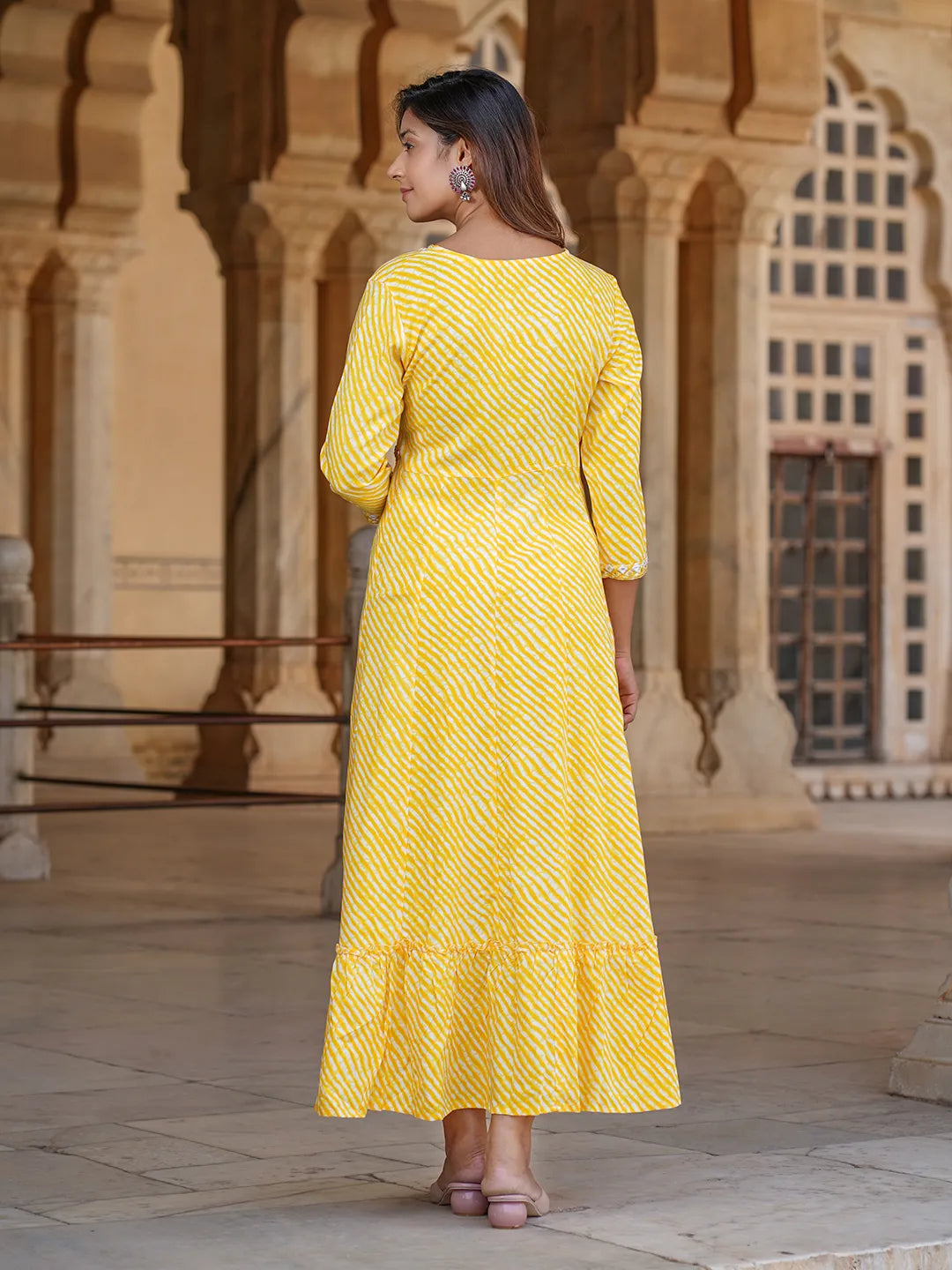 Women Yellow Striped Anarkali Dress