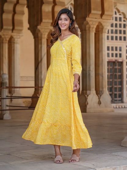 Women Yellow Striped Anarkali Dress