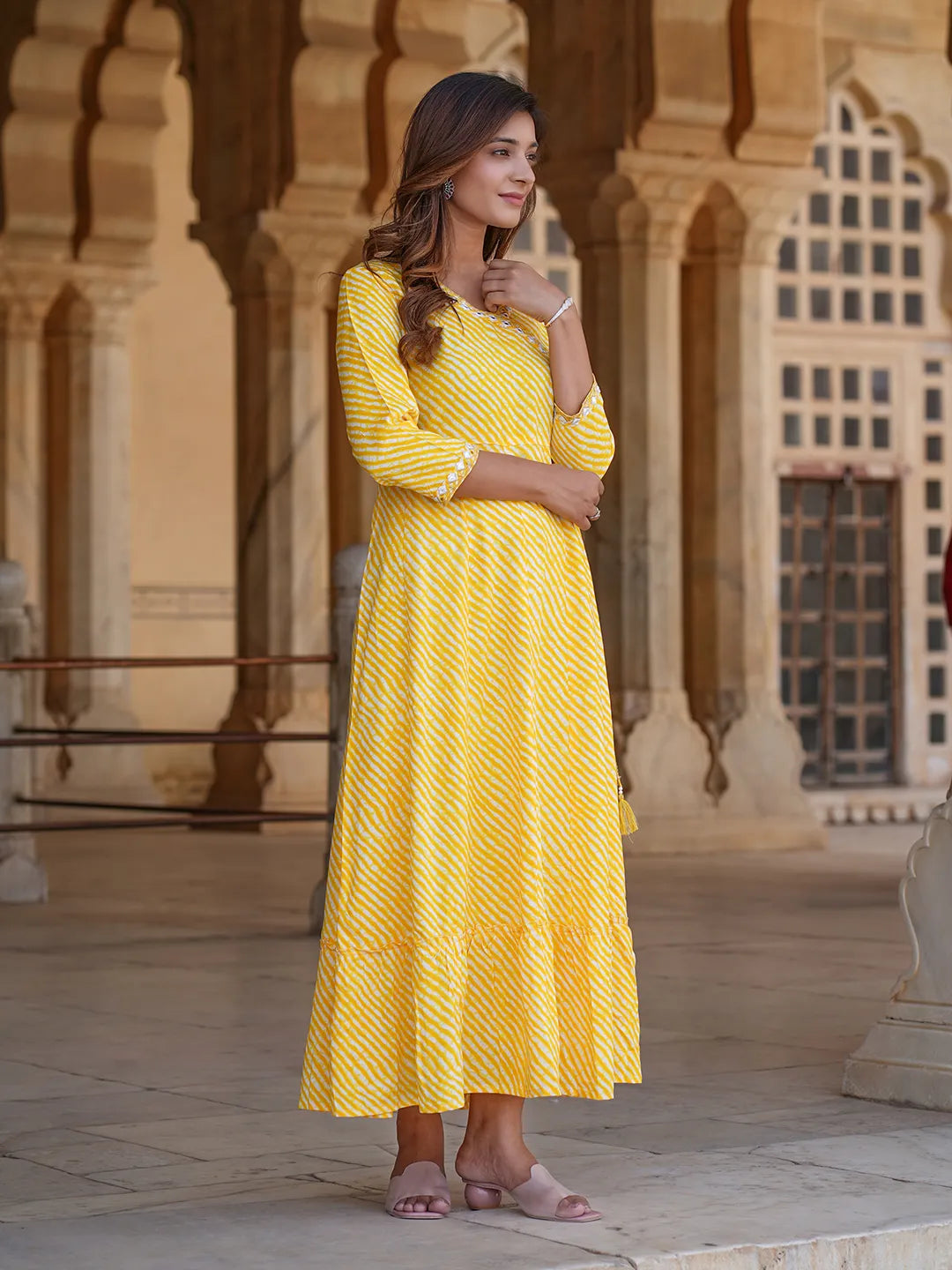 Women Yellow Striped Anarkali Dress