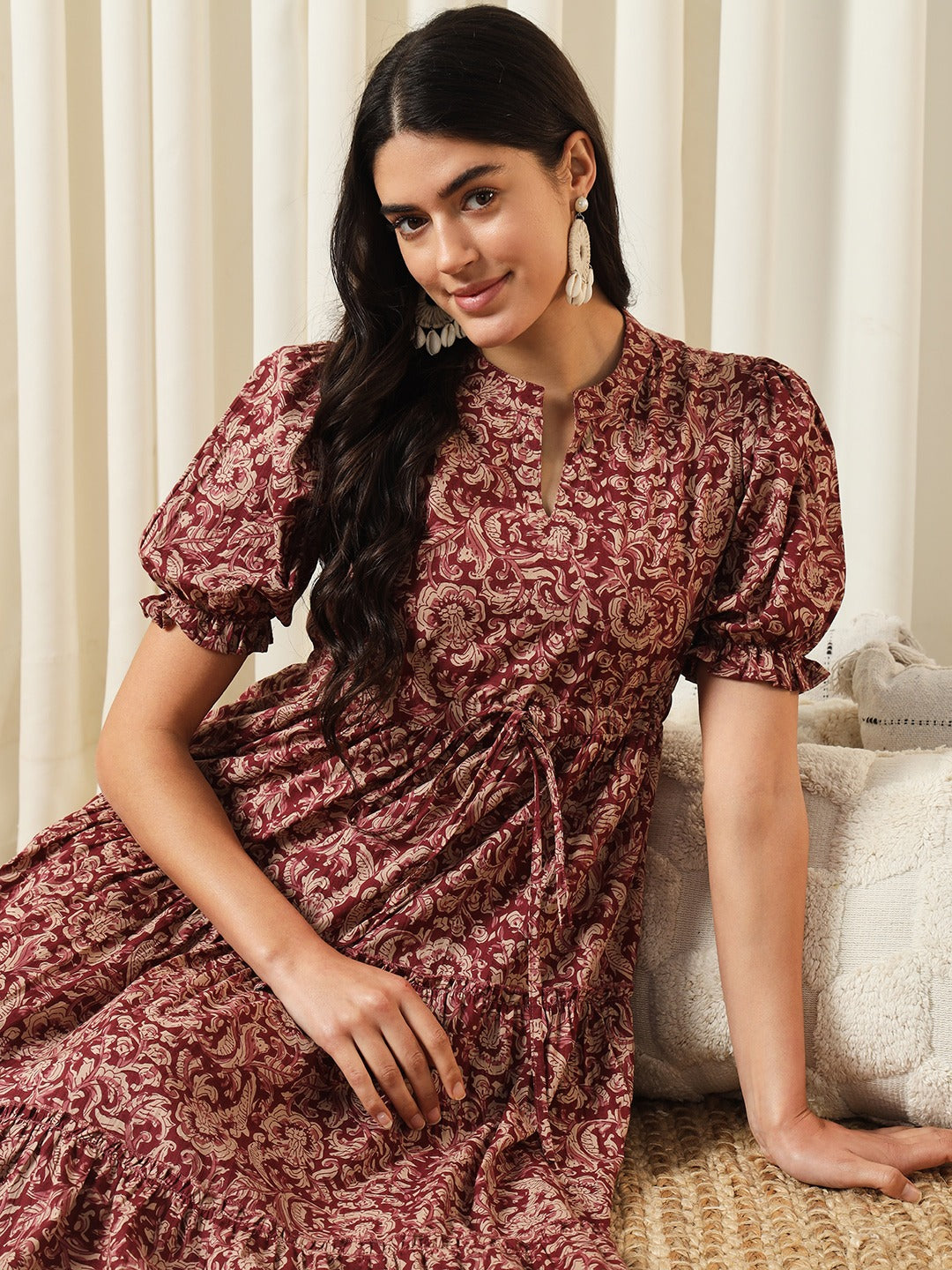maroon cotton dress Burgundy Tiered Cotton Maxi Dress, Tie Waist Boho Gown for Women, Wedding Guest Outfit, Fall Dress, Spring Clothing, 3XL / Burgundy
