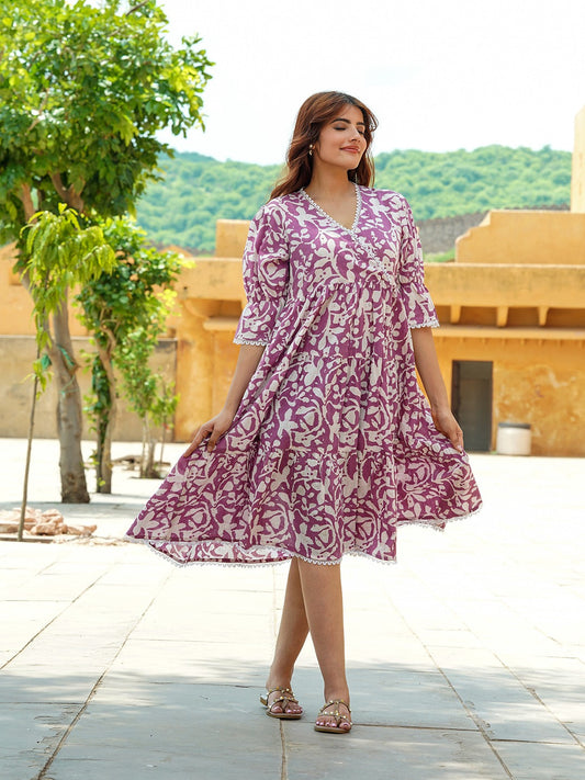 Women Mauve A-Line Angrakha Dress