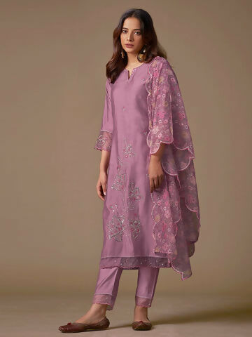 Women's Lavender Embroidered Straight Kurta Trousers With Dupatta Set