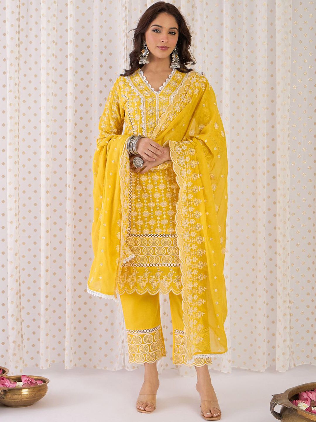 Dhiyona IE Floral Embroidered Thread Work Pure Cotton Kurta With Trousers & Dupatta