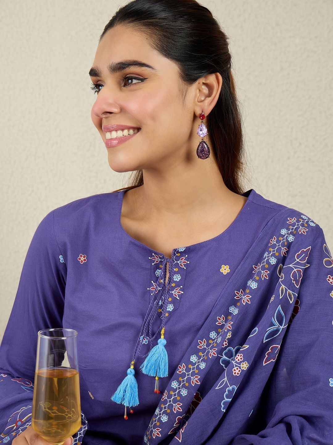 Women Floral Embroidered Cotton A-Line Kurta with Trousers & Dupatta