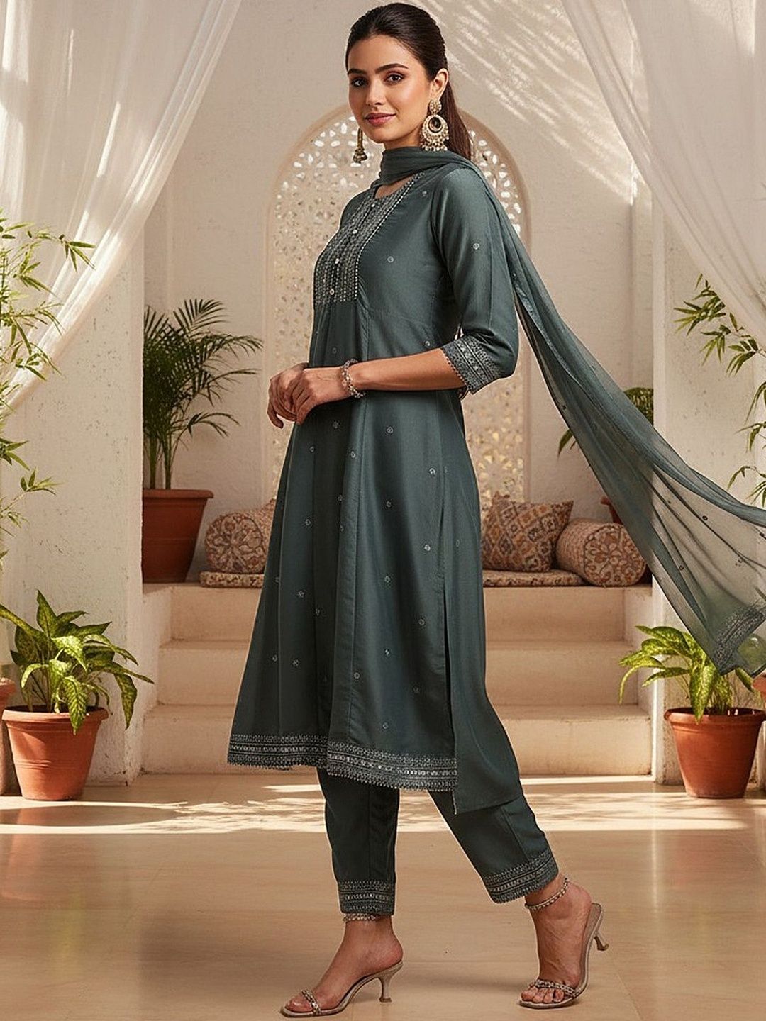 Dhiyona KL Floral Embroidered Zari Anarkali Kurta With Trousers & Dupatta