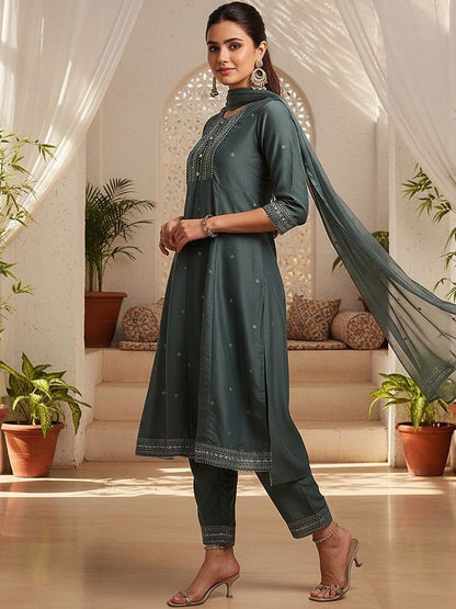 Dhiyona KL Floral Embroidered Zari Anarkali Kurta With Trousers & Dupatta