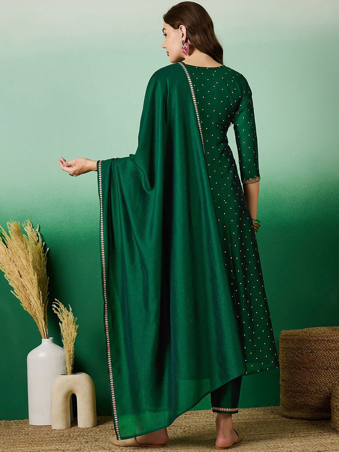 Green floral Embroidered A-Line Kurta & Trousers With Dupatta