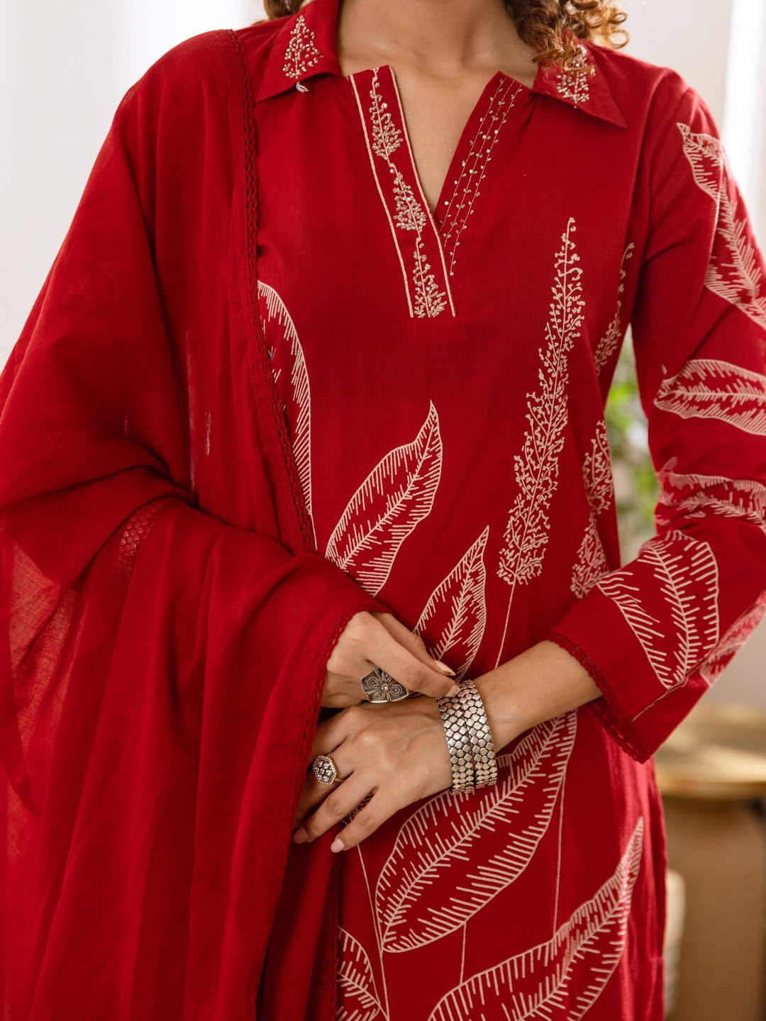 Printed Pure Cotton Shirt Collar Neck Kurta & Trousers With Dupatta