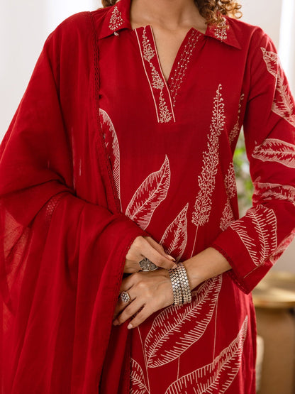Printed Pure Cotton Shirt Collar Neck Kurta & Trousers With Dupatta