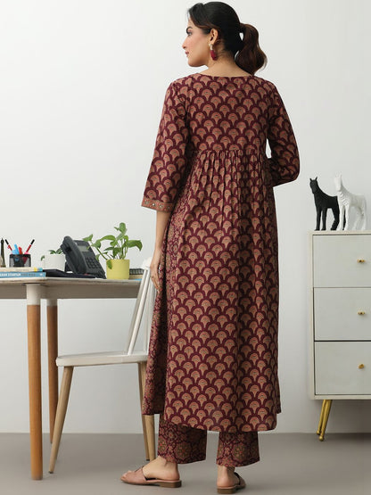 Women Ethnic Motifs Printed Empire Mirror Work Kurta with Trousers