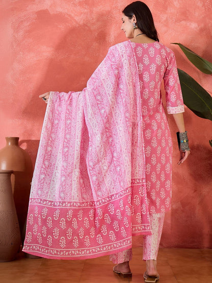 Printed Pure Cotton V-Neck Kurta Sets