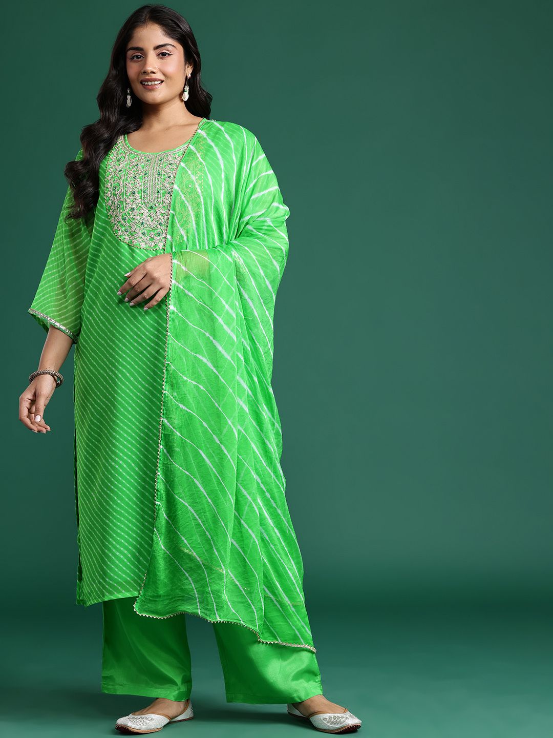 Dhiyona Women's Leheriya Printed Mirror Work Kurta with Palazzos & Dupatta