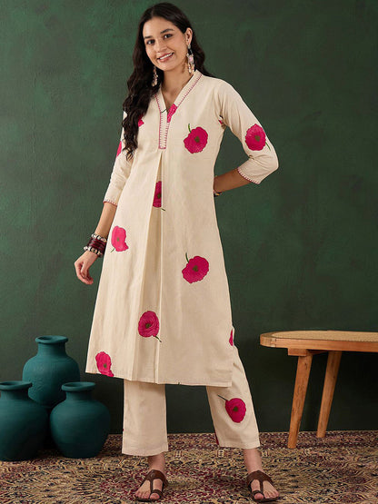 Off White Cotton Floral Printed Kurta With Pant Set