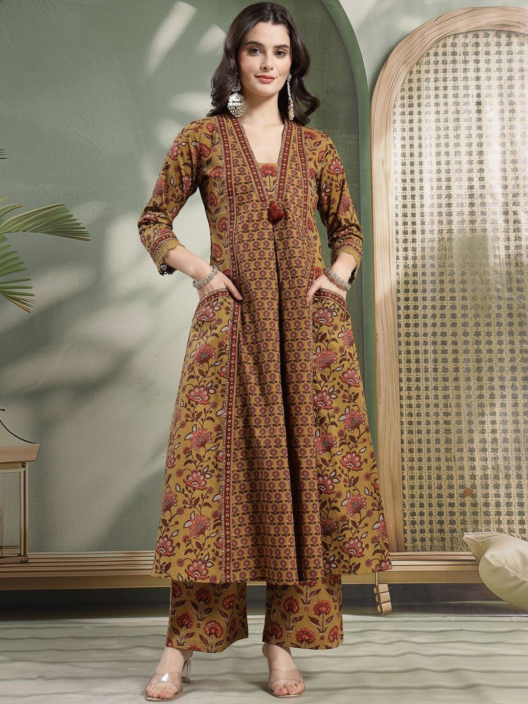 Printed Pure Cotton V-Neck Kurta & Palazzos With Dupatta
