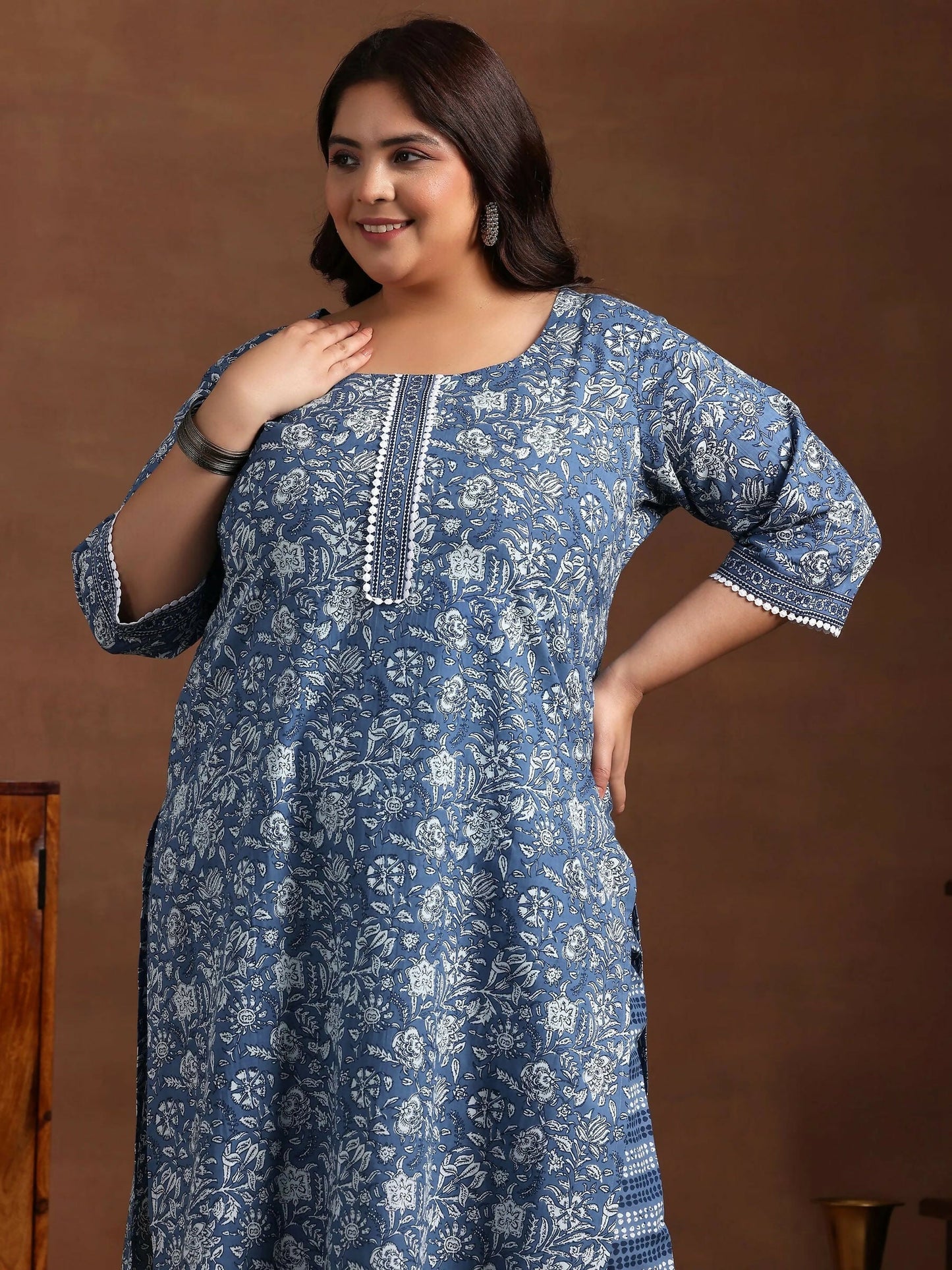 Women's LB Plus Size Blue Printed Cotton Straight Suit With Dupatta